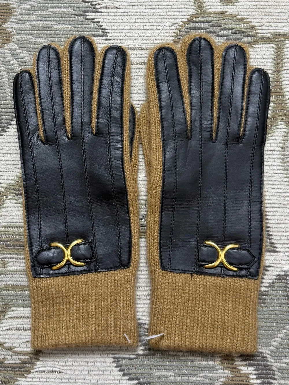Vintage Gloves Brown Knit & Faux Leather Ladies Fall Winter Cold Weather New